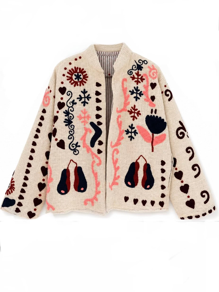 Colored floral embroidered open front bomber jacket