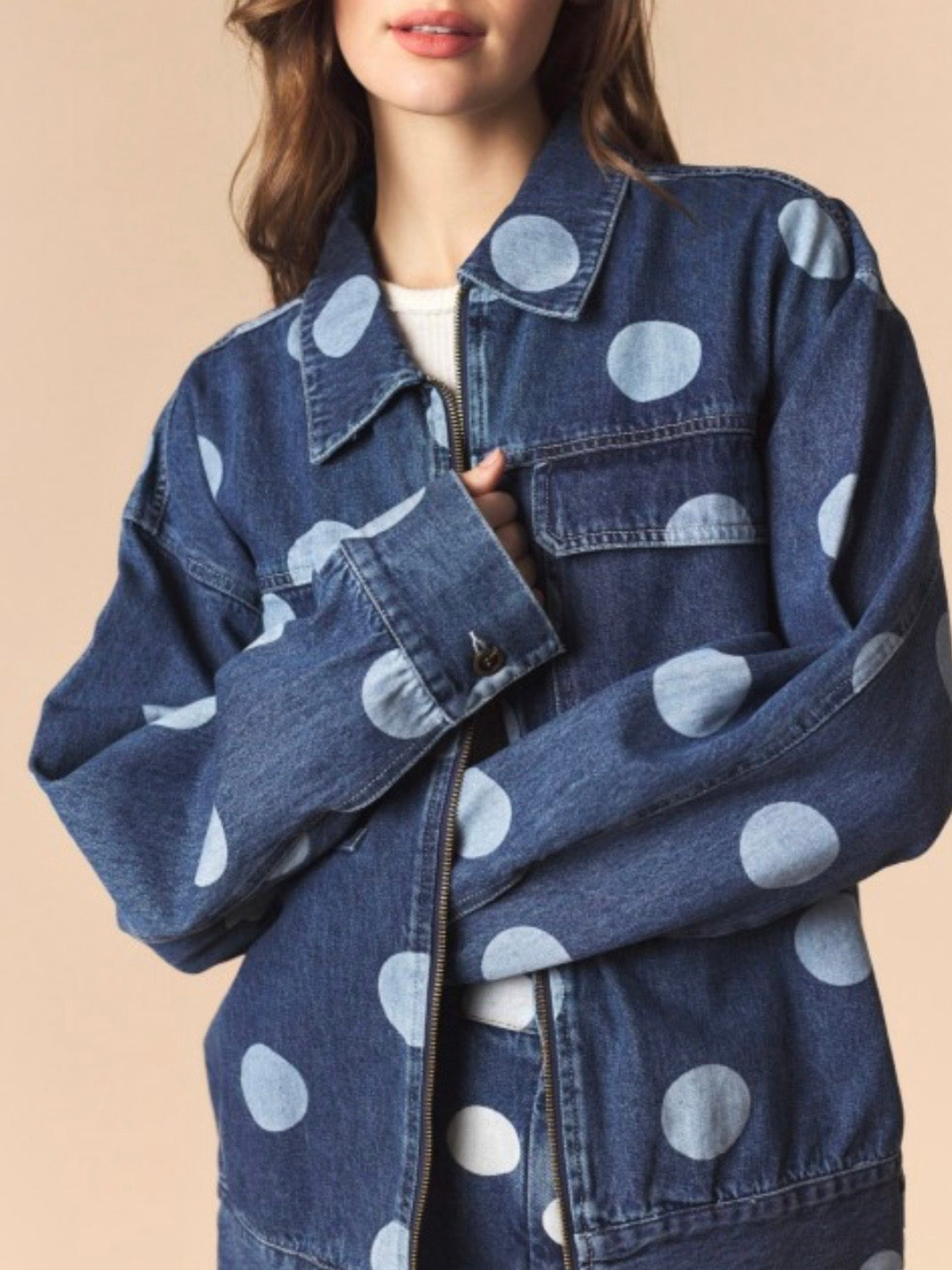 Blue denim white polka dot open front jacket and pants set