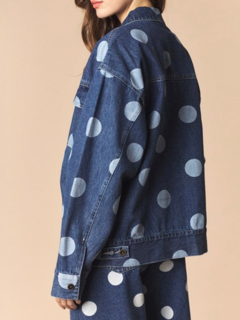 Blue denim white polka dot open front jacket and pants set