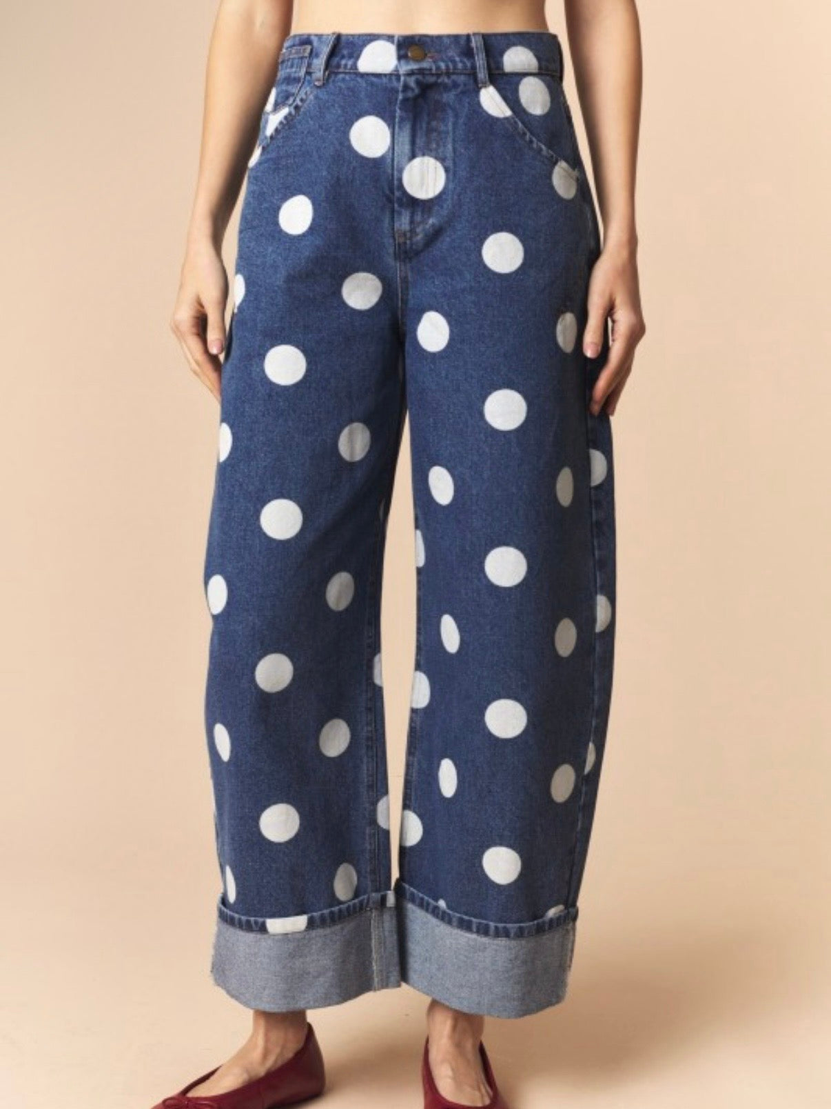 Blue denim white polka dot open front jacket and pants set