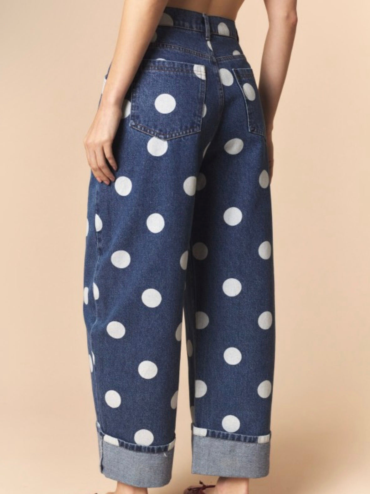 Blue denim white polka dot open front jacket and pants set