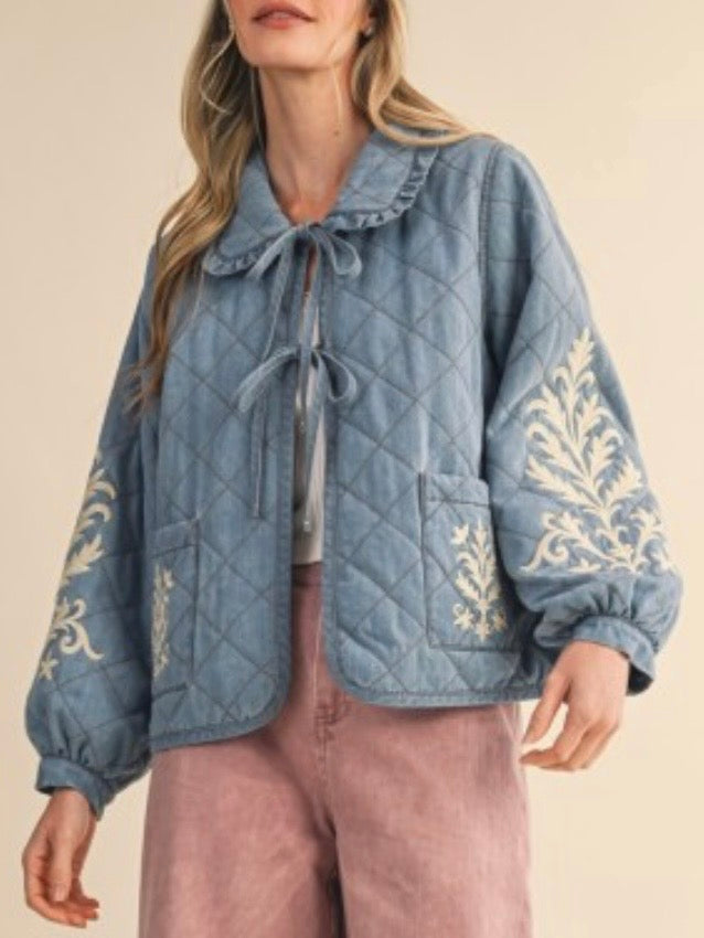 Light blue floral embroidered open front bomber quilted jacket