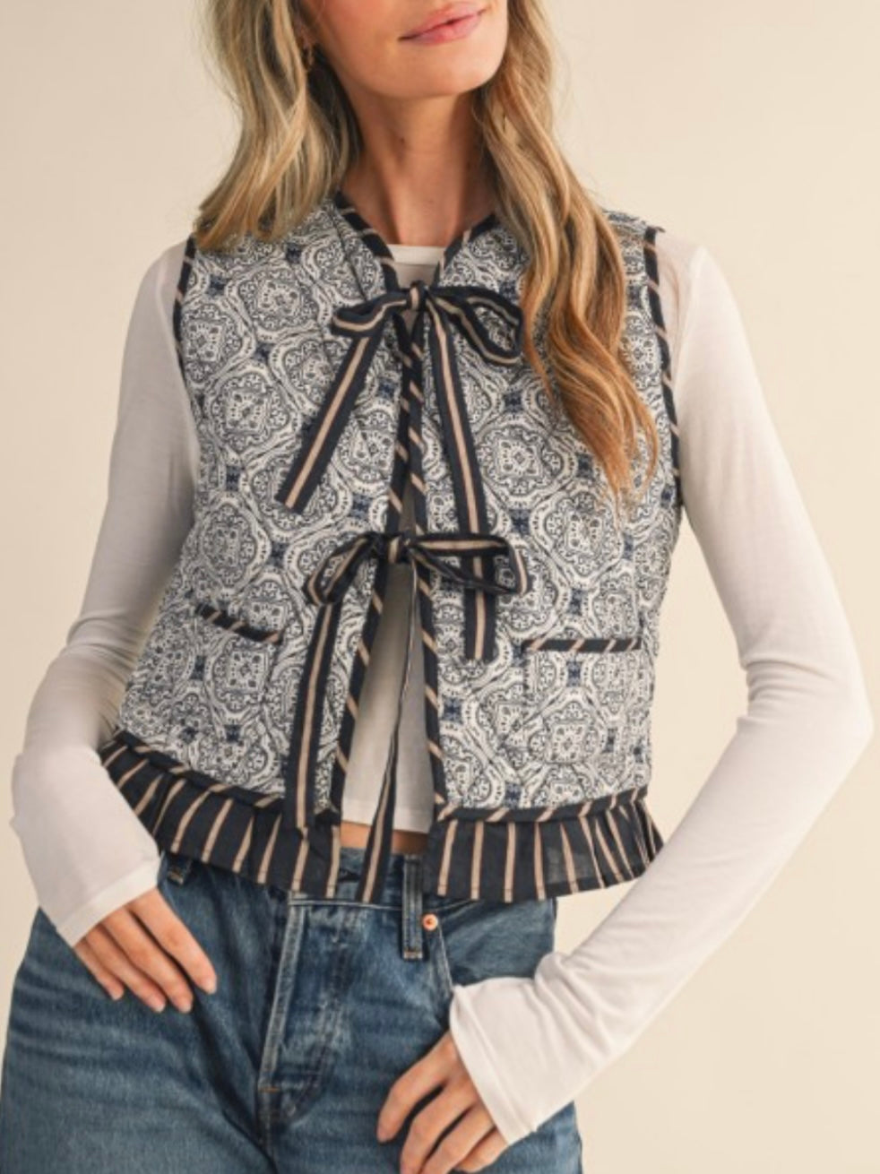 White and Blue printed quilted vest