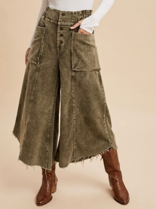 Frayed hem wide corduroy pants