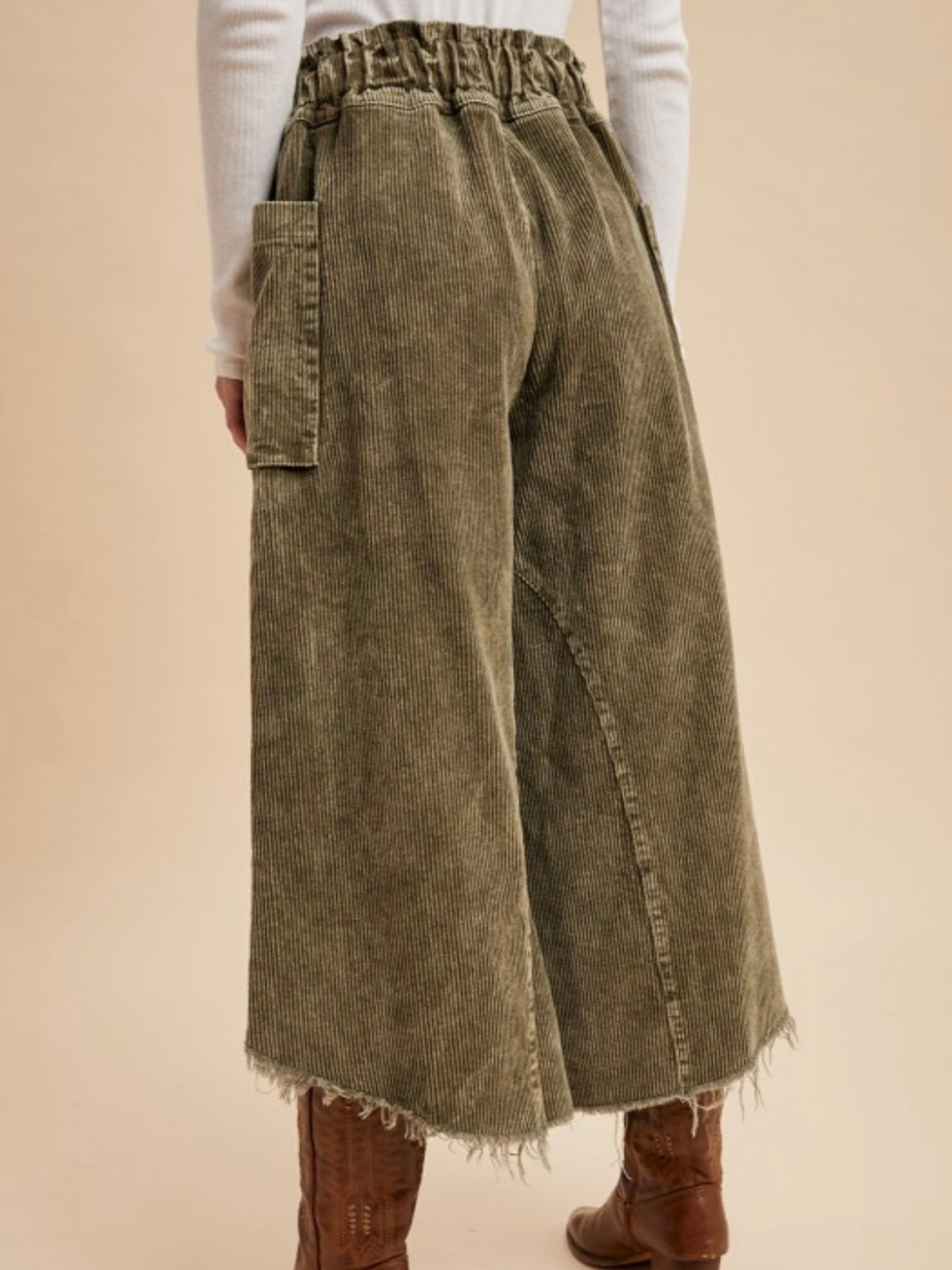 Green frayed hem wide corduroy pants