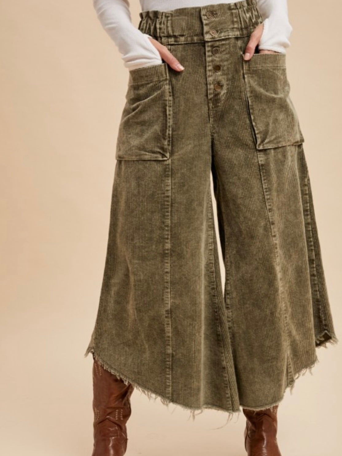 Green frayed hem wide corduroy pants