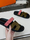 Pink and green two straps flat slides sandals