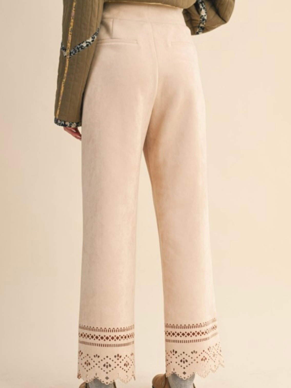 Beige suede straight fit laser cut pants