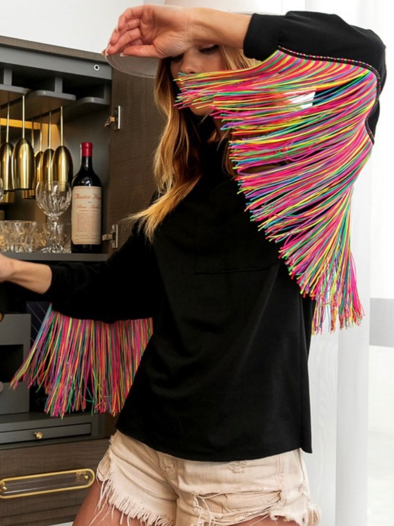 Black boho tassels sleeves top