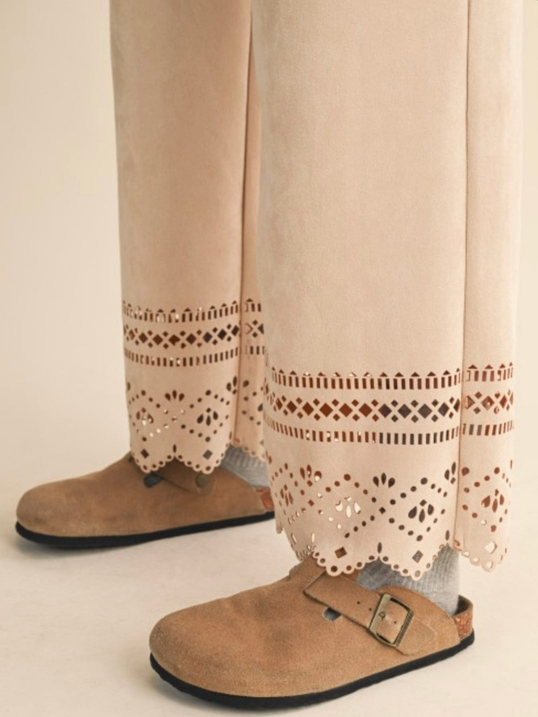 Beige suede straight fit laser cut pants