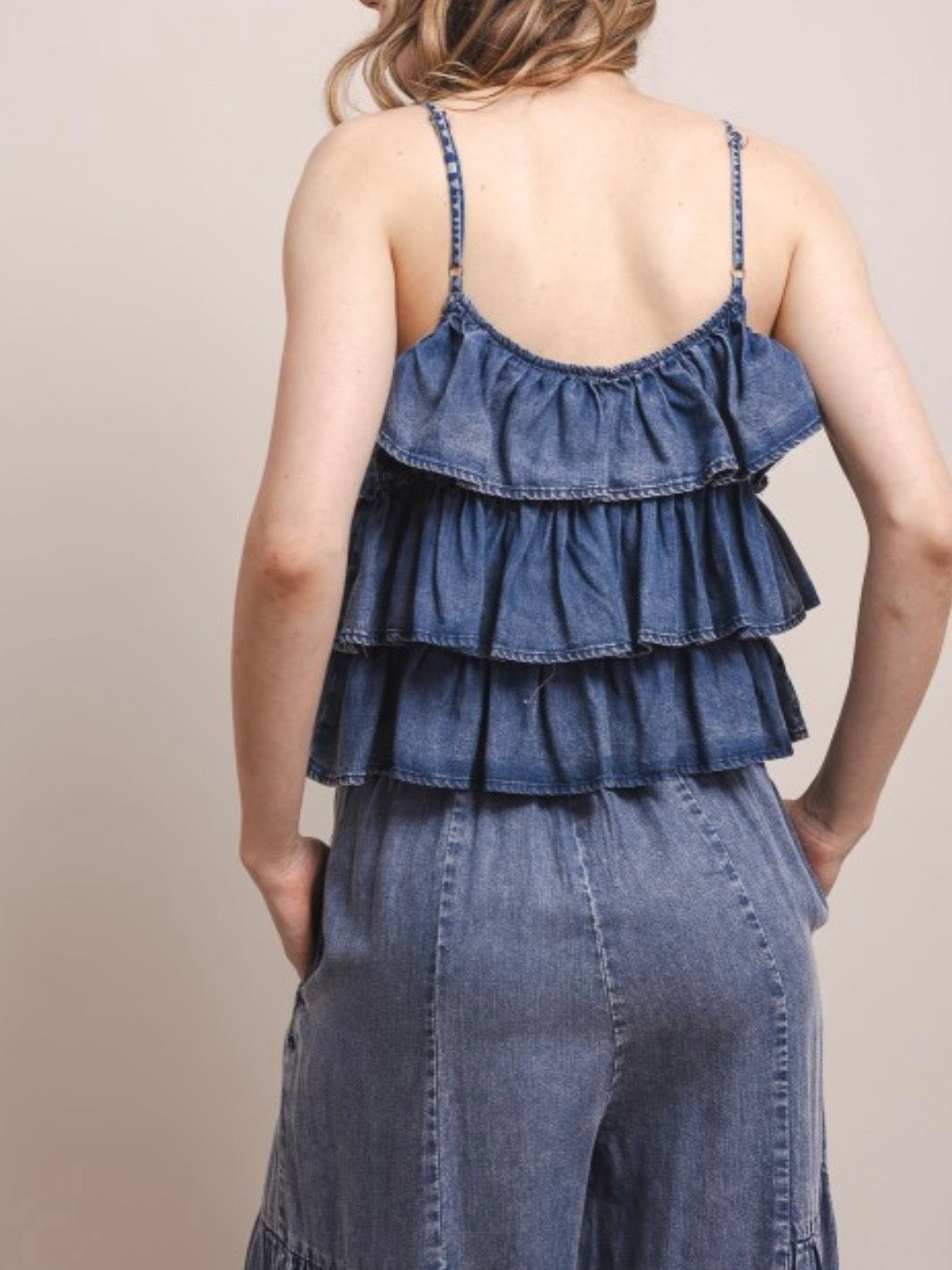 Blue denim sleeveless ruffled jumper
