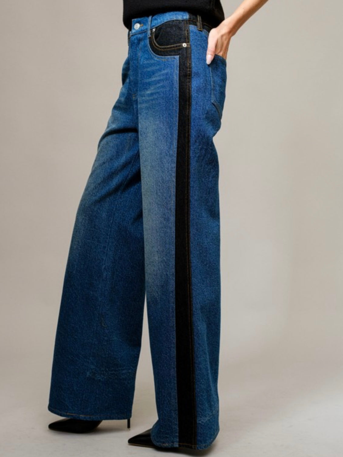 Blue jeans with black side stripe wide pants