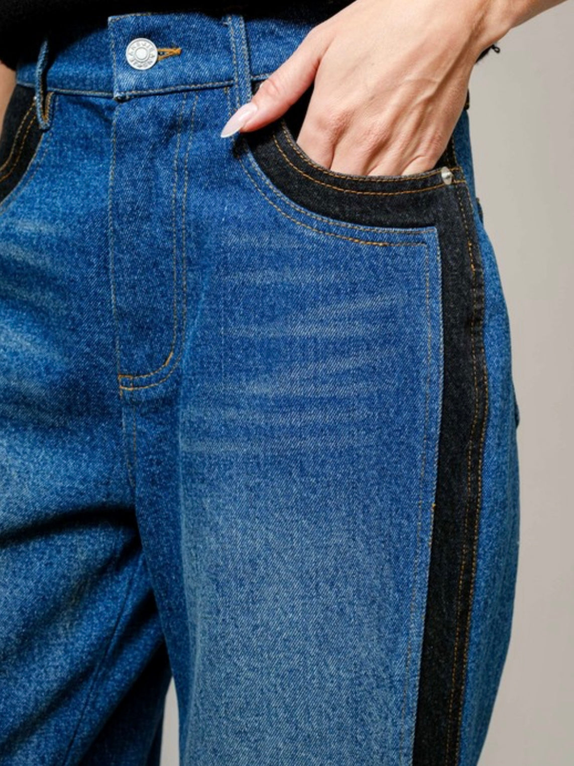 Blue jeans with black side stripe wide pants
