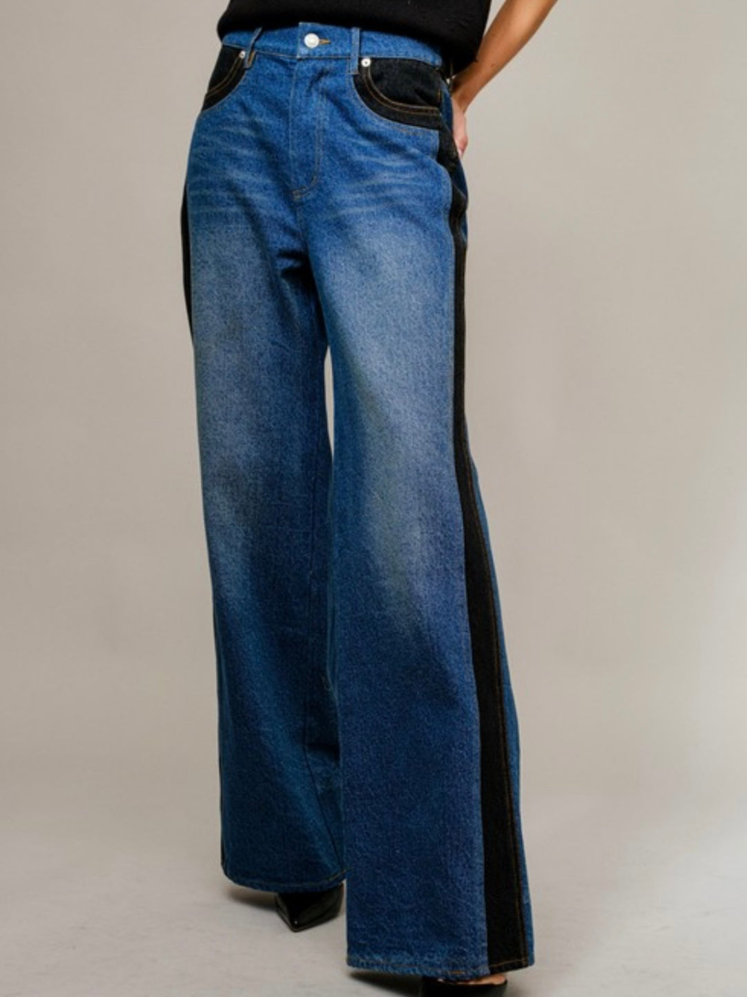 Blue jeans with black side stripe wide pants