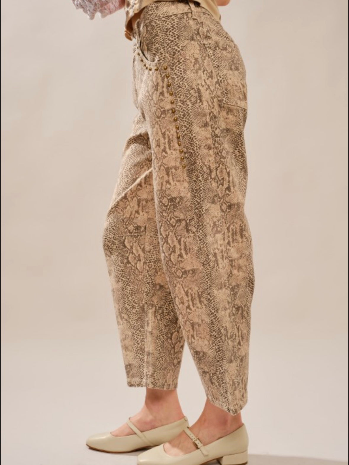 Beige and brown snake print barrel pants