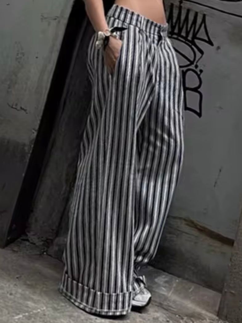 Gray striped double layer straight leg pants