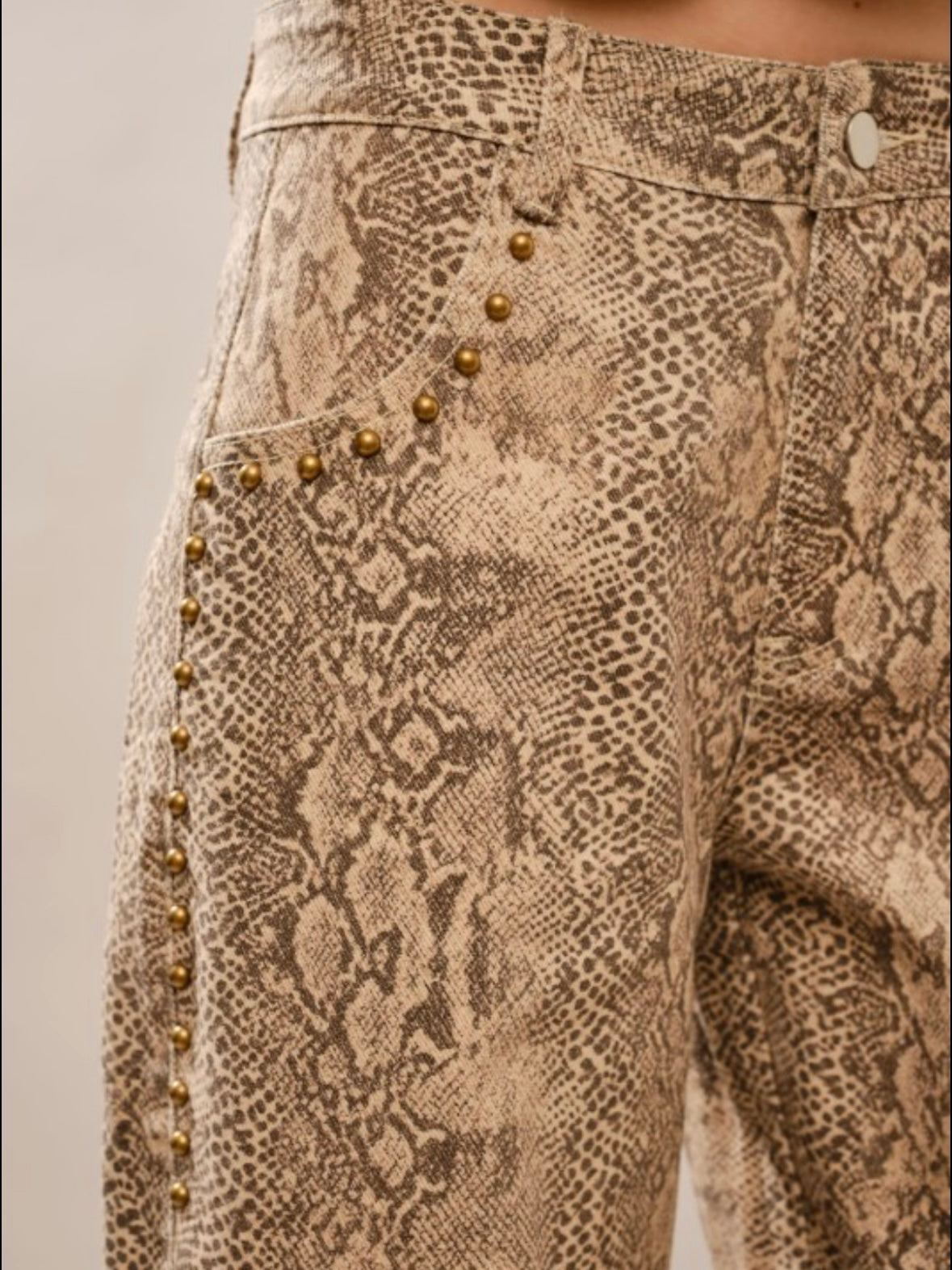 Beige and brown snake print barrel pants