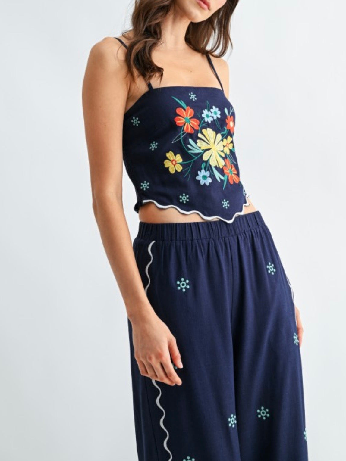 Navy blue floral detail set top and pants