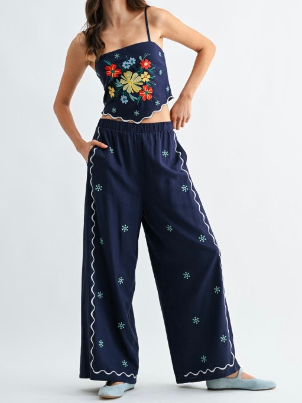 Navy blue floral detail set top and pants