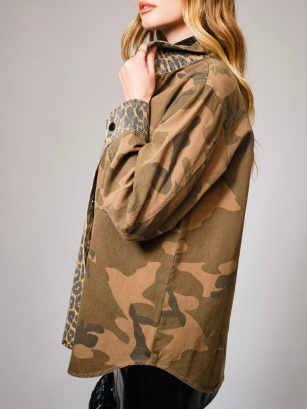 Camouflage and leopard patched mix fabrics jacket