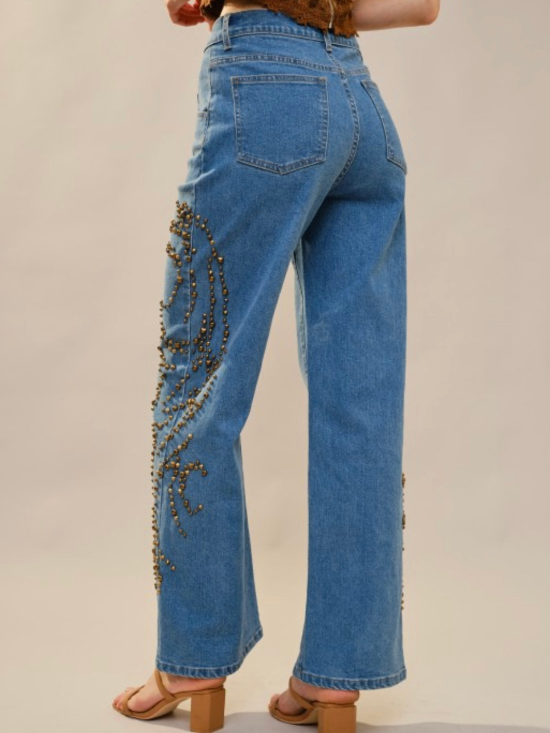 Blue straight cut studded details jeans pants