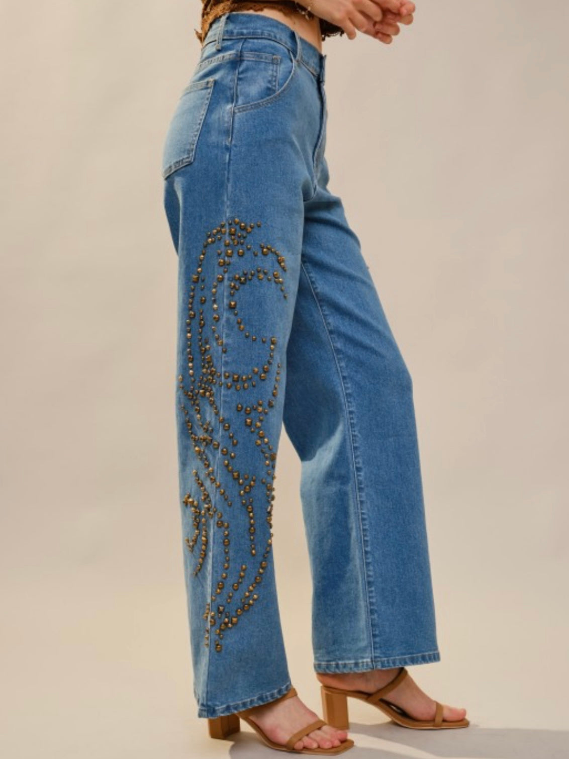 Blue straight cut studded details jeans pants