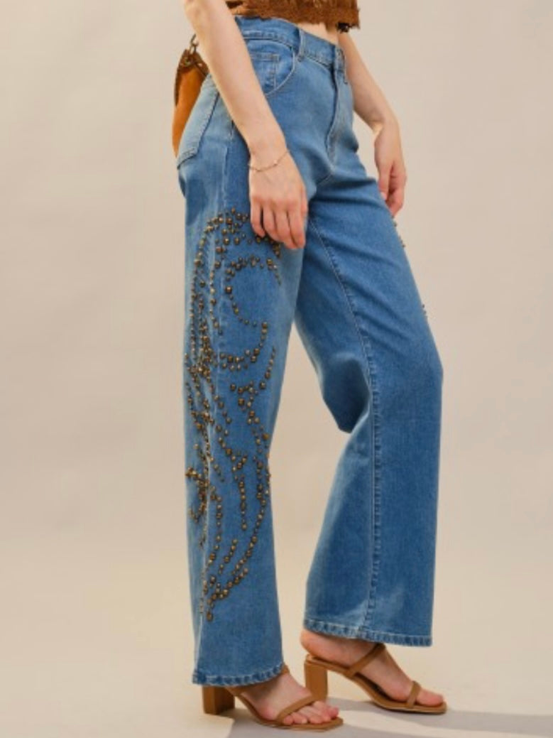Blue straight cut patched pockets  jeans pants