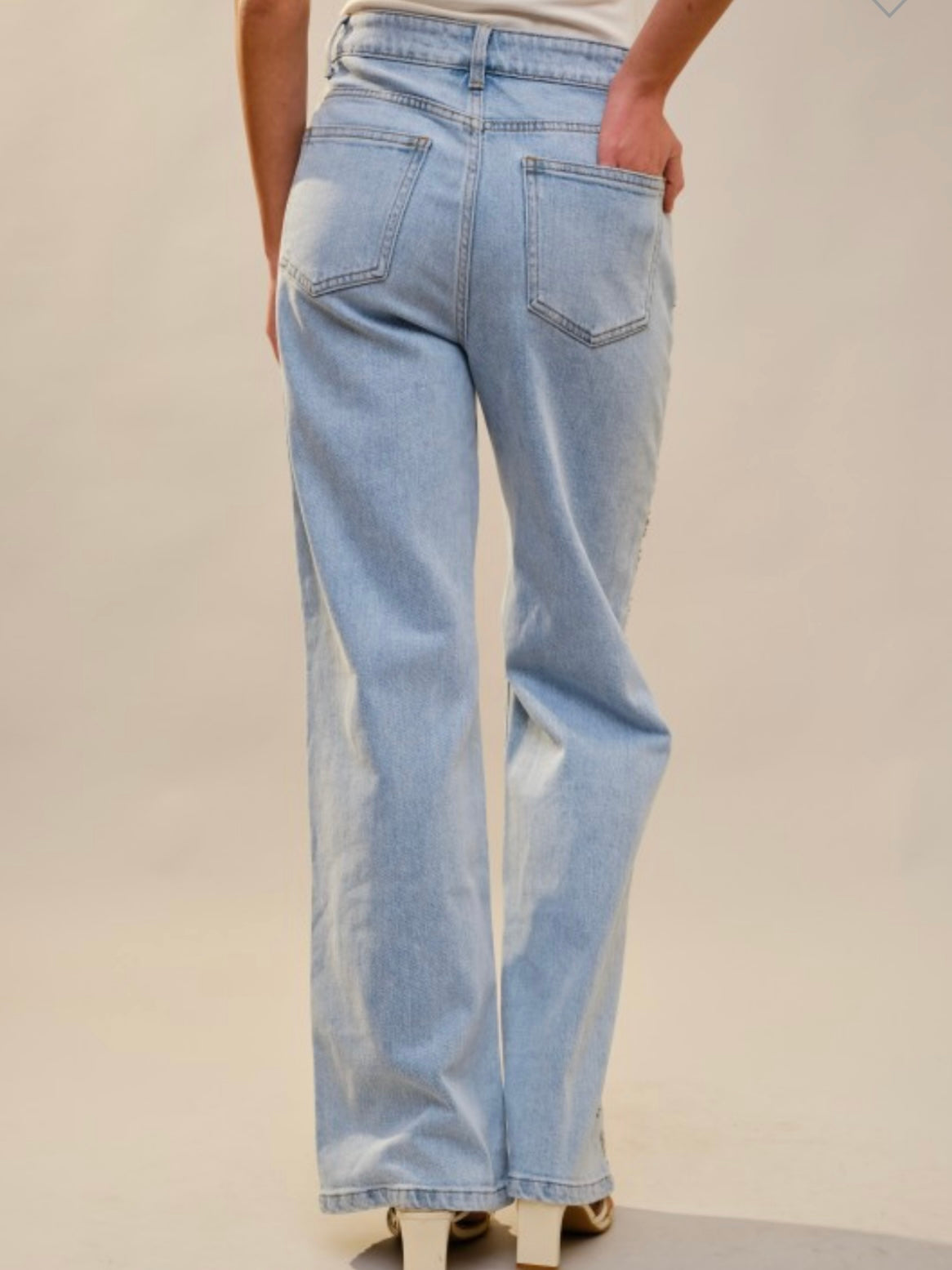 Light Blue straight cut studded details jeans pants