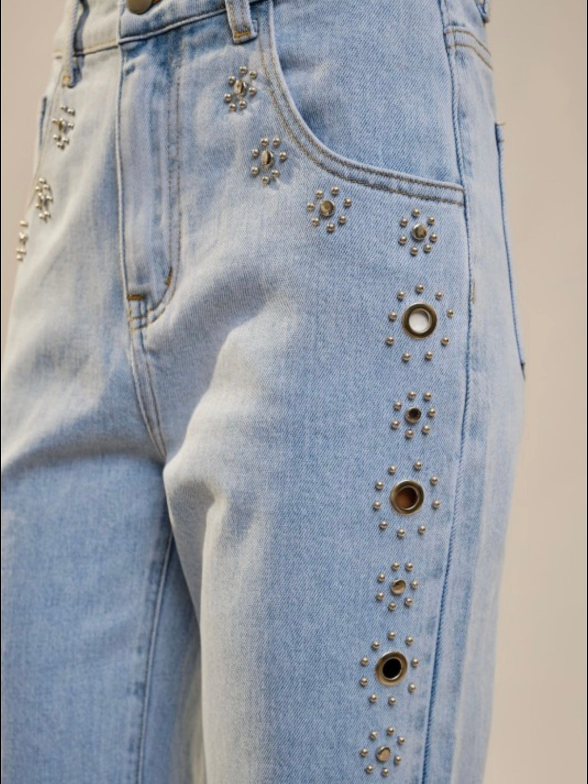 Light Blue straight cut studded details jeans pants