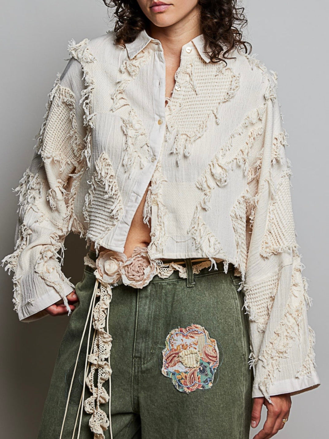 Beige destroyed patched details jacket