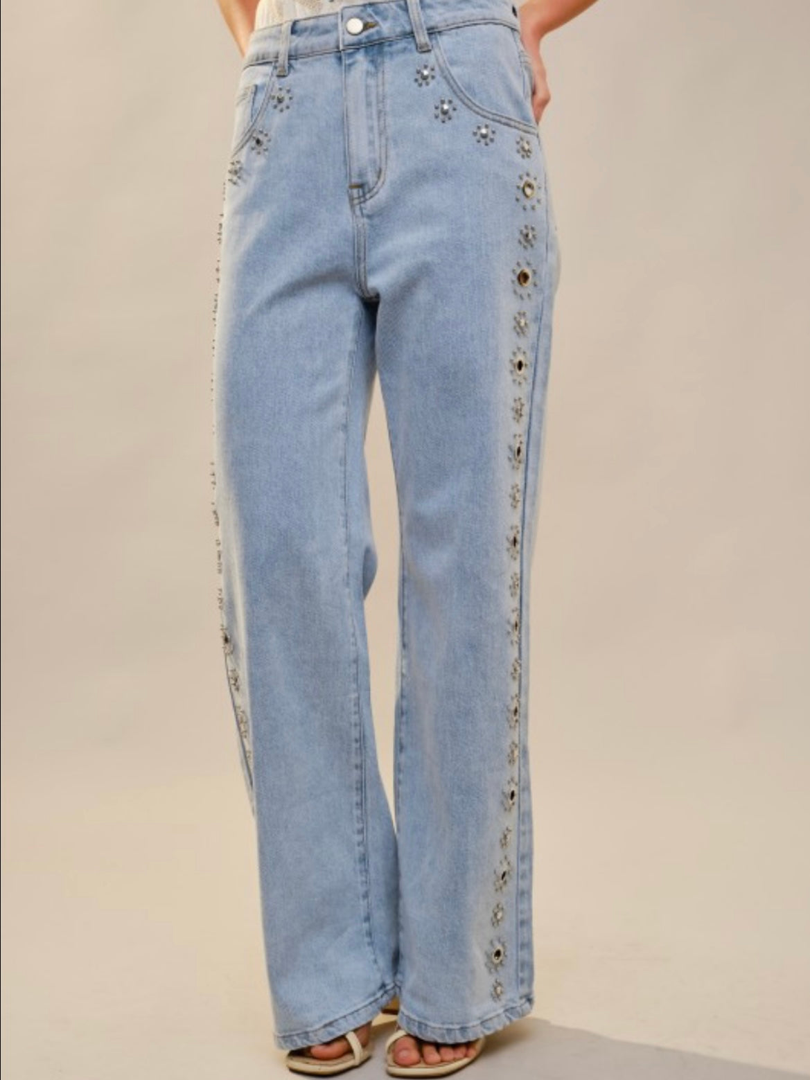 Light Blue straight cut studded details jeans pants