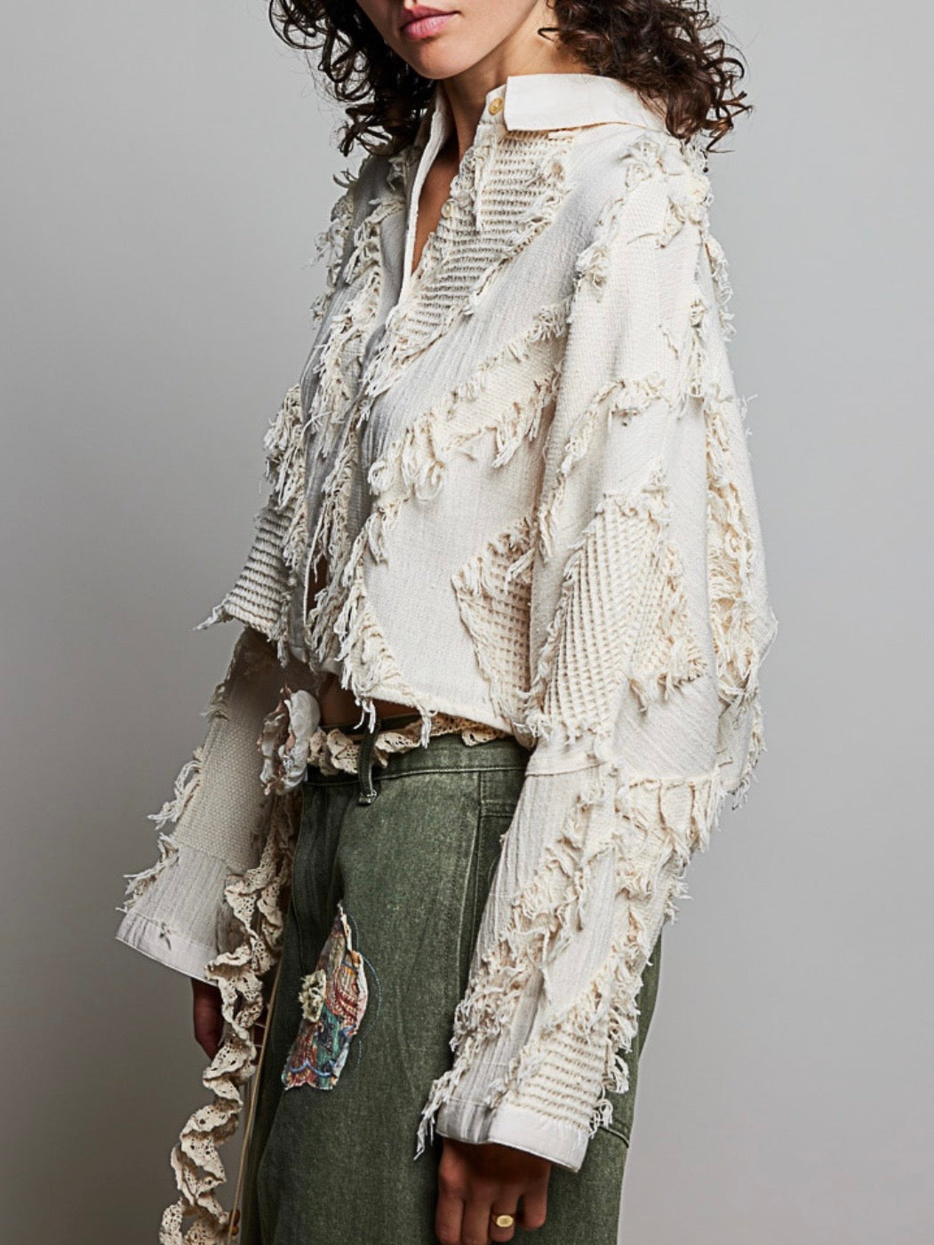 Beige destroyed patched details jacket