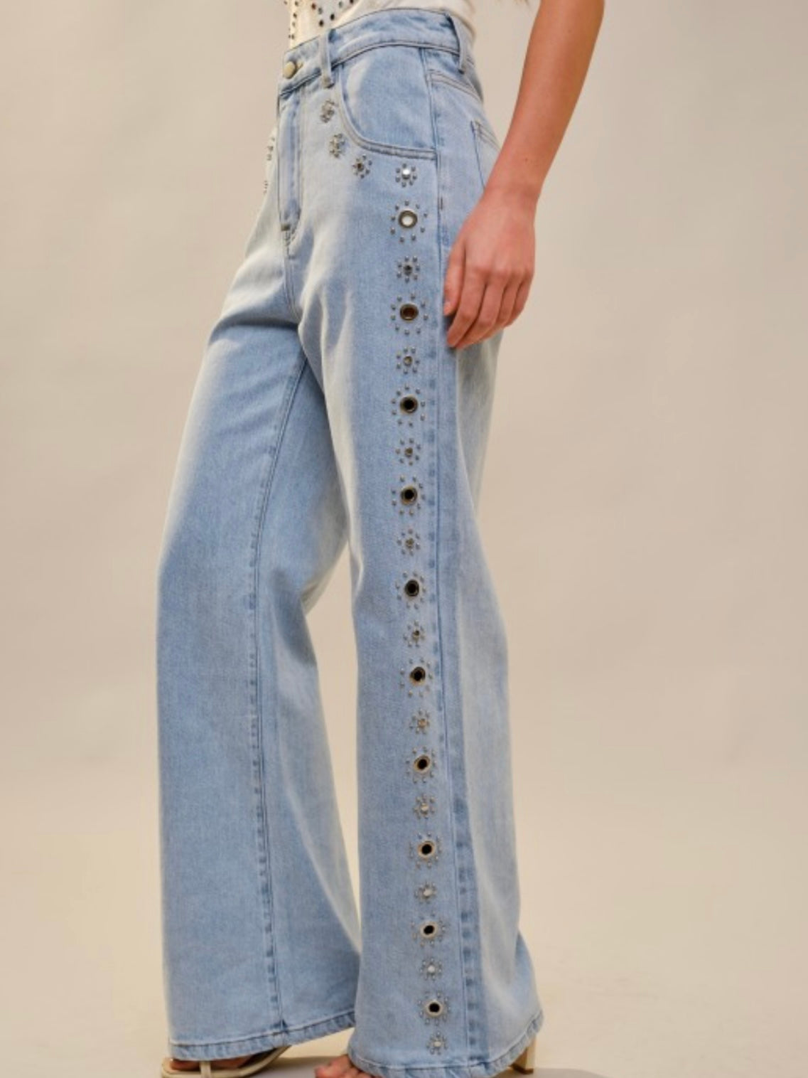 Light Blue straight cut studded details jeans pants