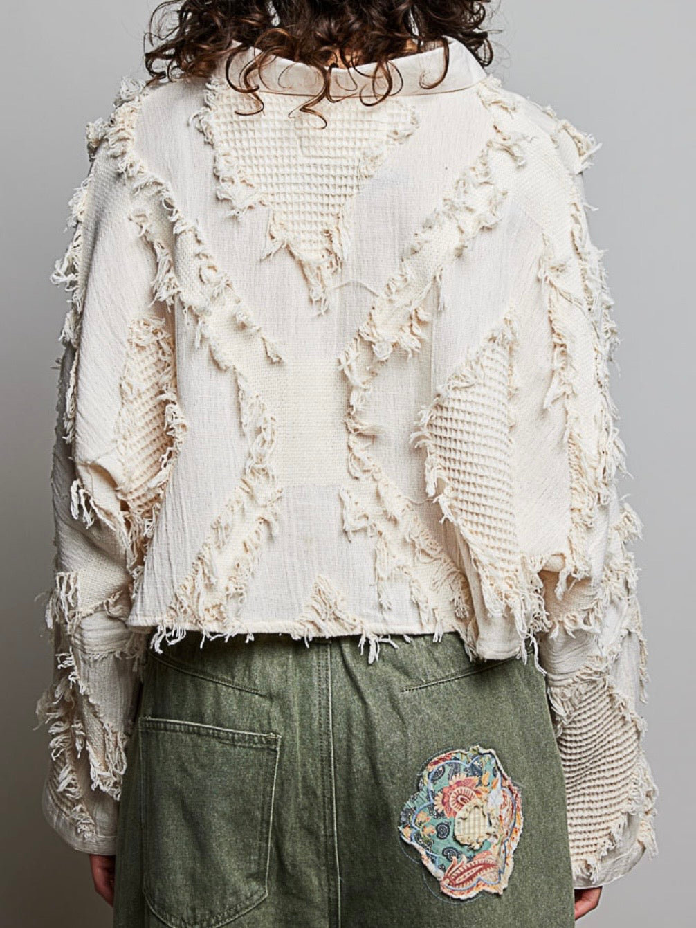 Beige destroyed patched details jacket