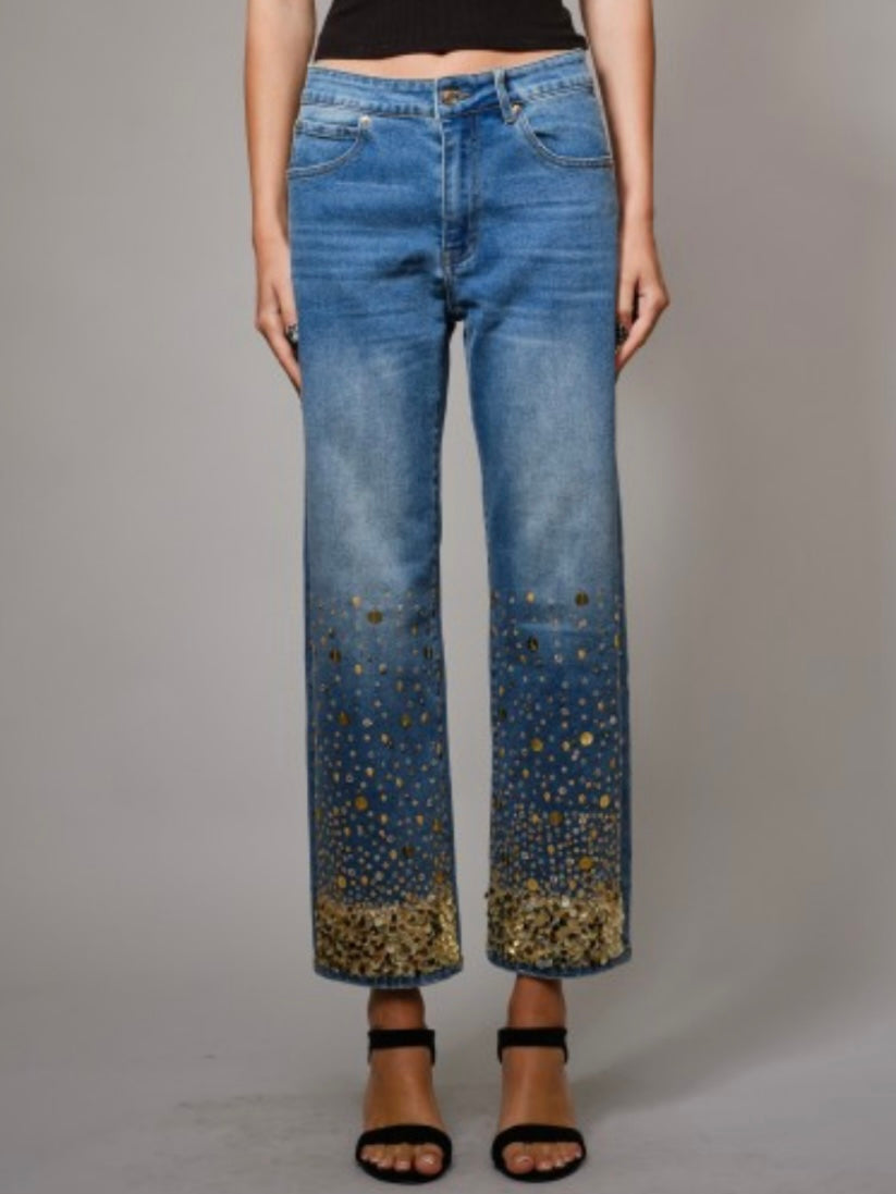 Blue straight cut gold sequins details jeans pants