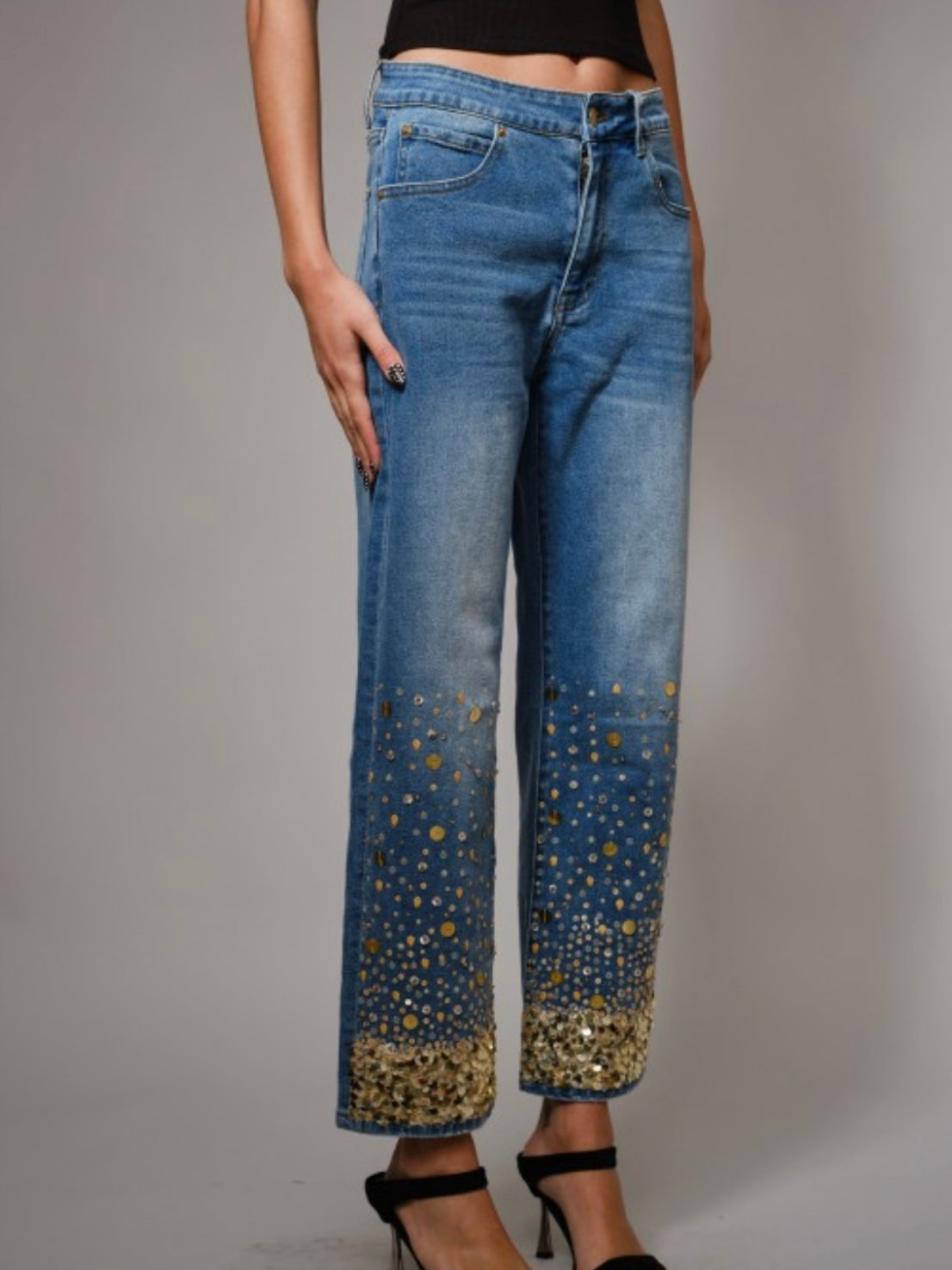 Blue straight cut gold sequins details jeans pants