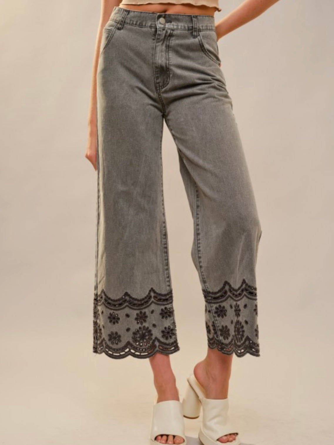 Black washed straight cut wide leg cropped jeans pants