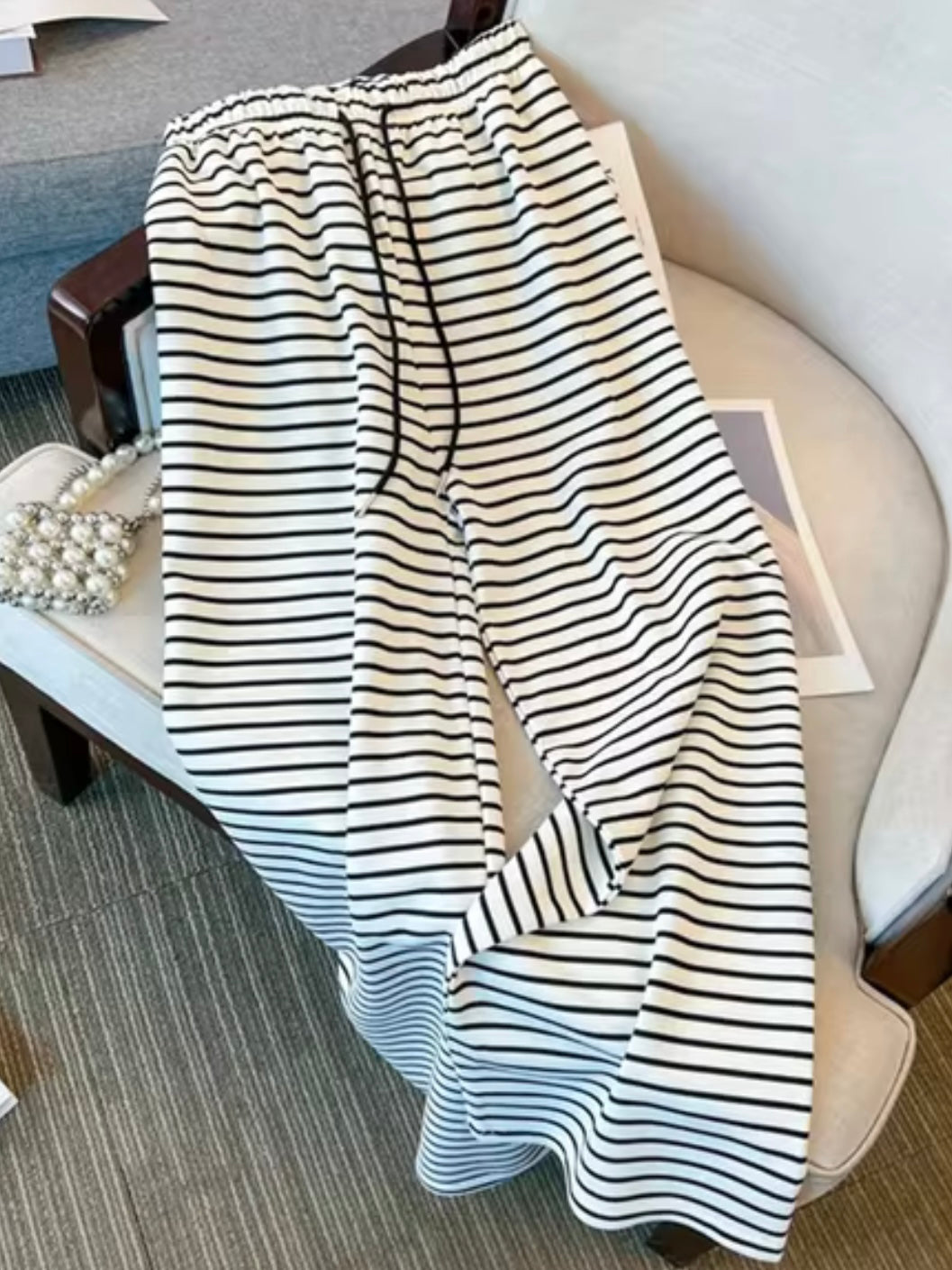 White and black striped loose fit wide pants