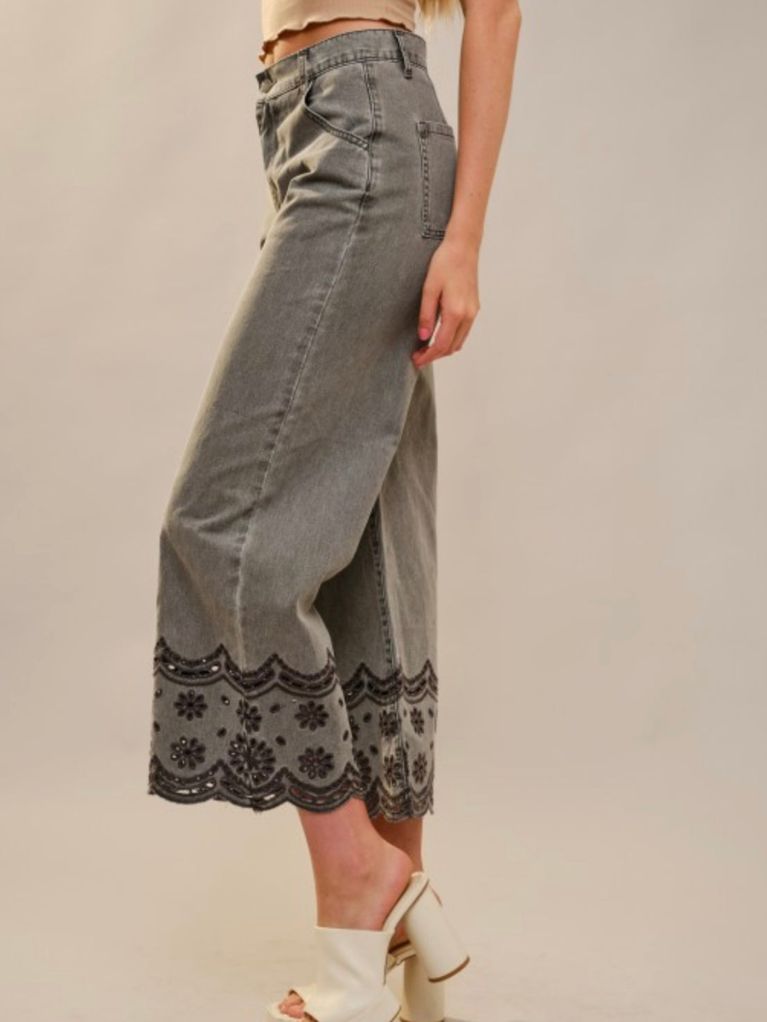 Black washed straight cut wide leg cropped jeans pants