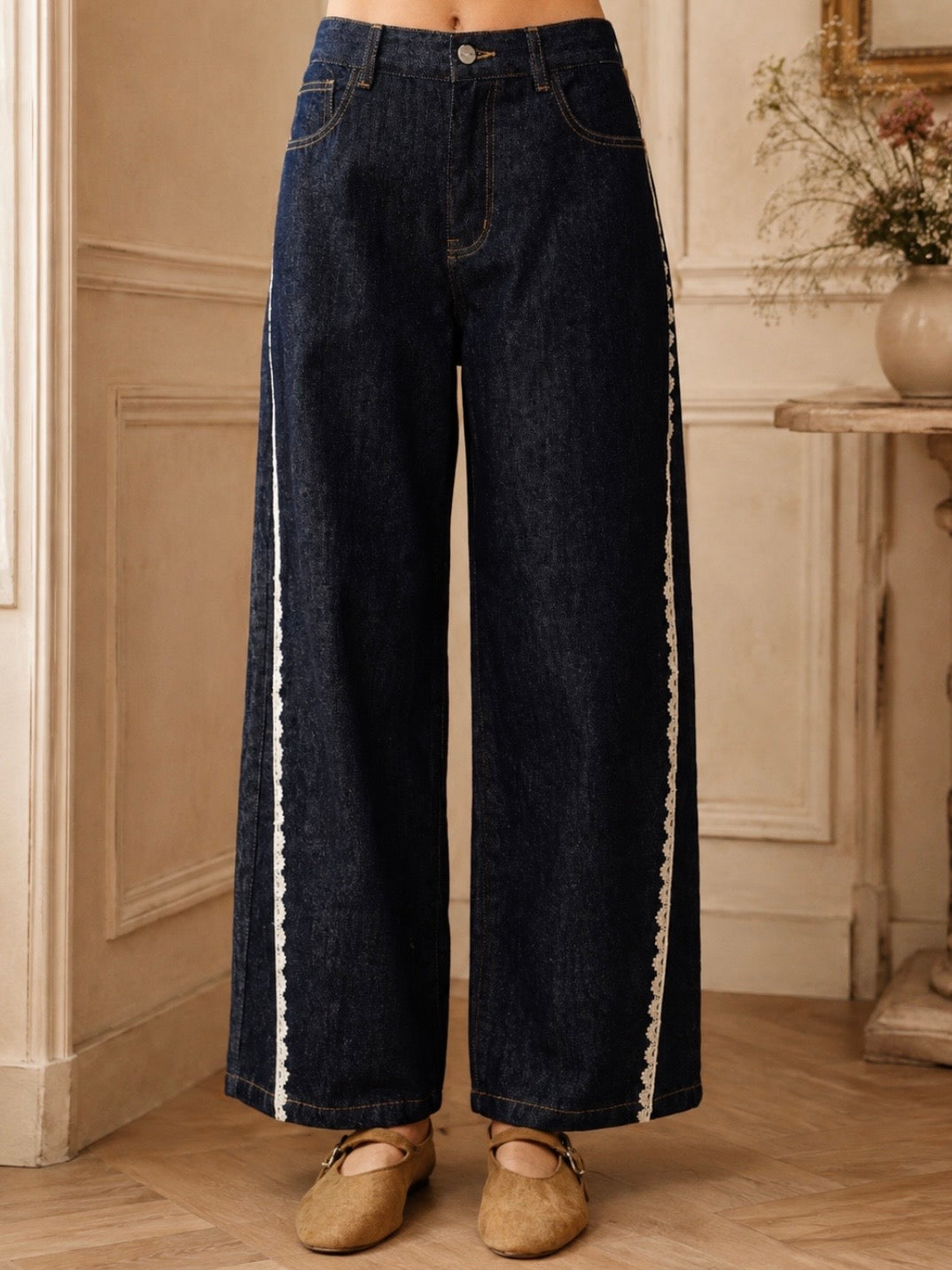 Dark blue jeans side lace Barrel pants