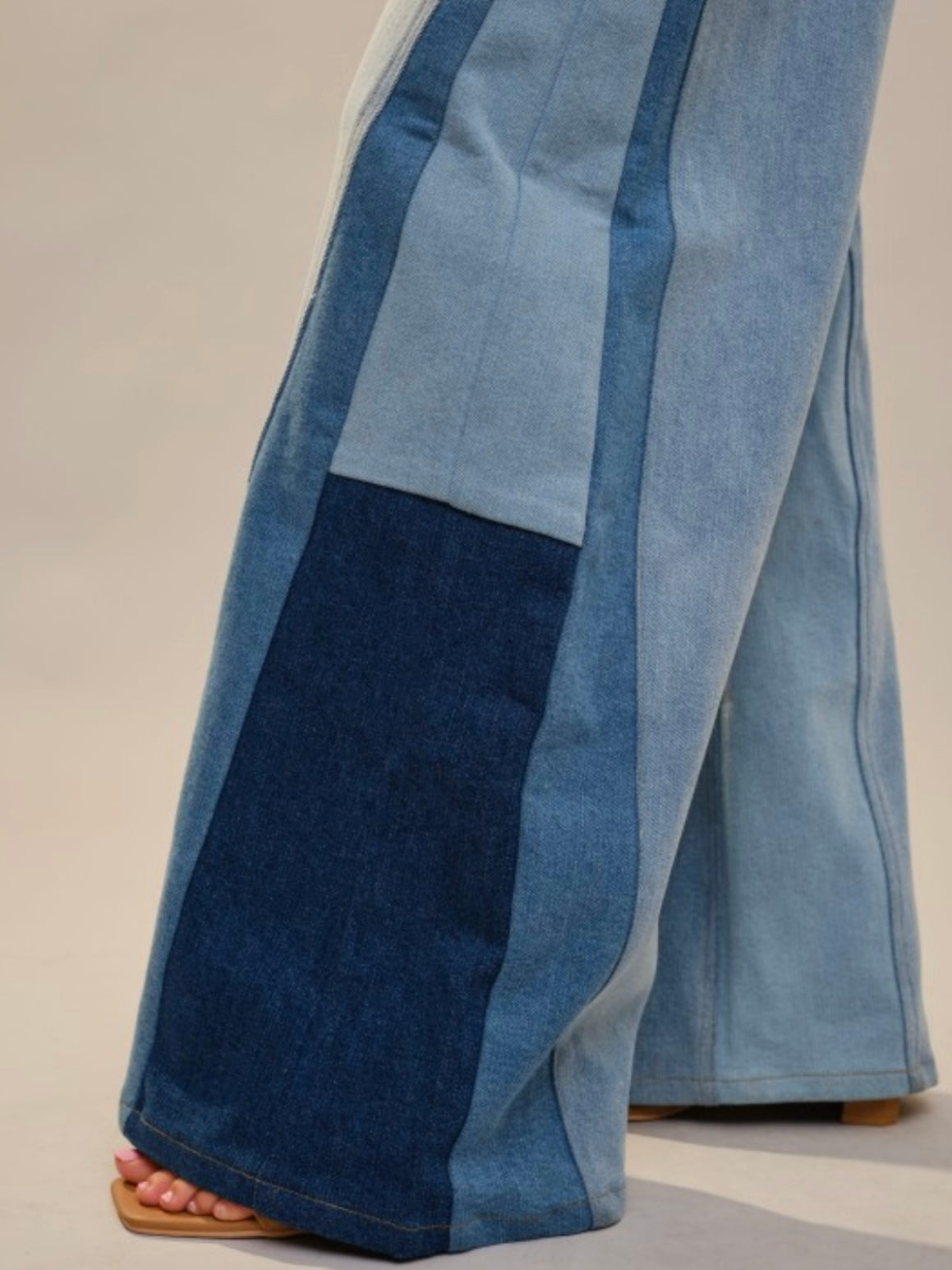 Blue wide leg mix fabrics details jeans pants