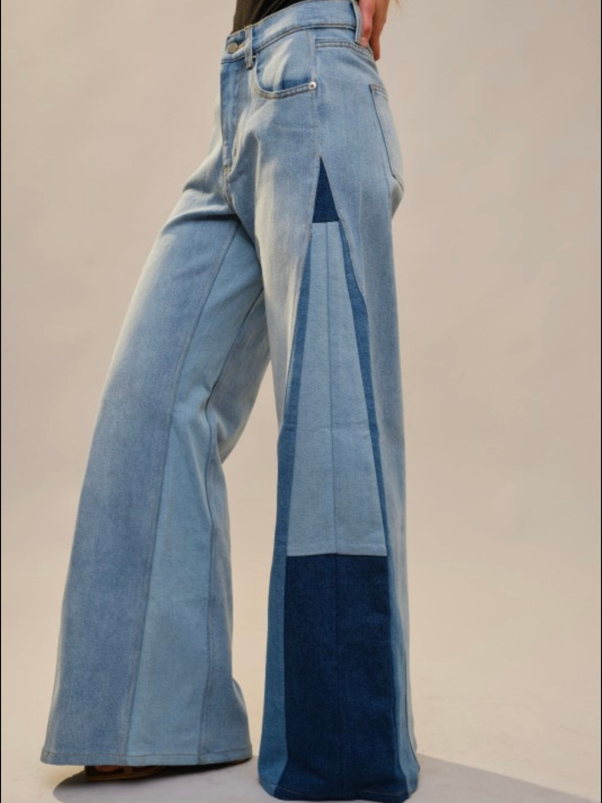 Blue wide leg mix fabrics details jeans pants
