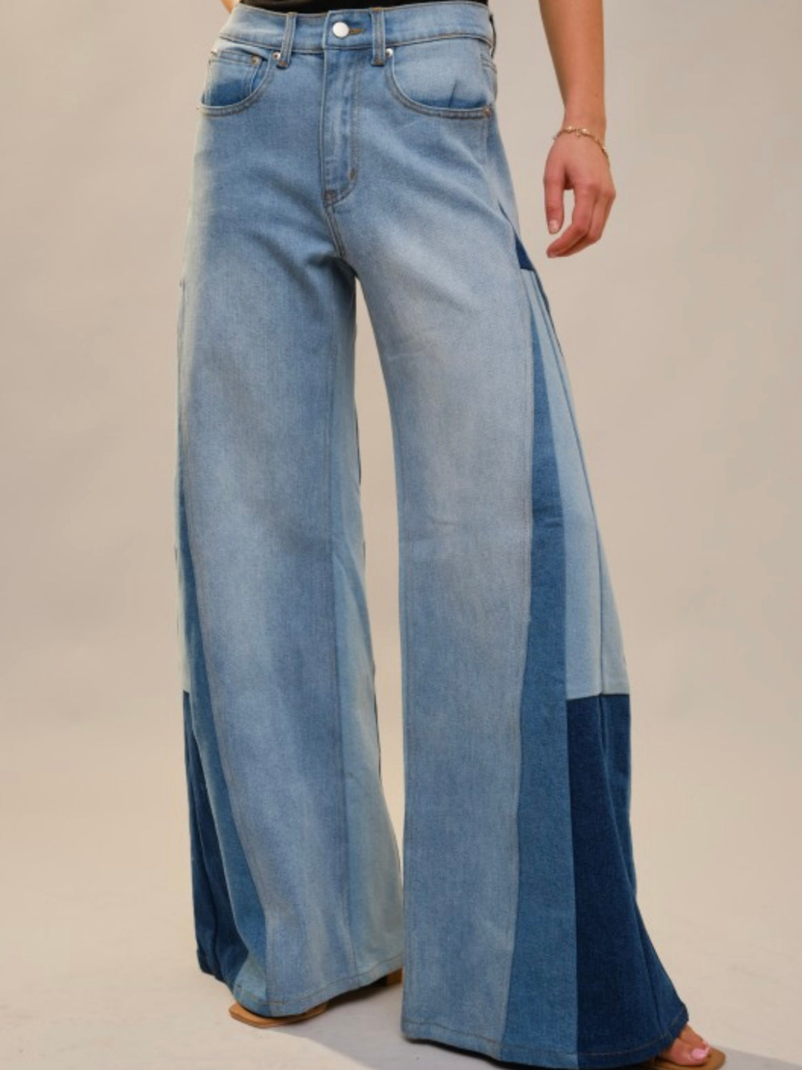 Blue wide leg mix fabrics details jeans pants