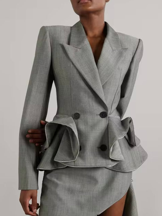 Gray ruffled cross front blazer