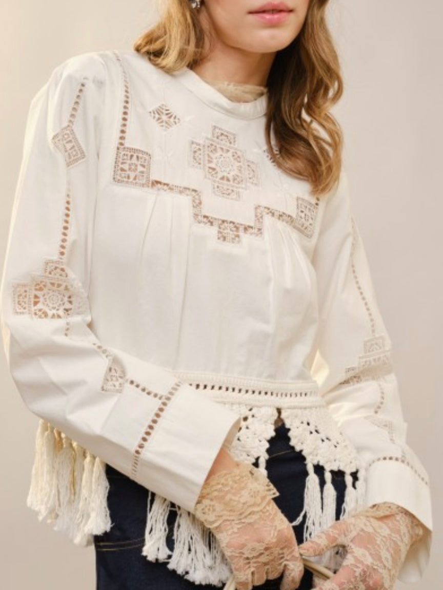 Off white crochet floral lace mix fabrics top