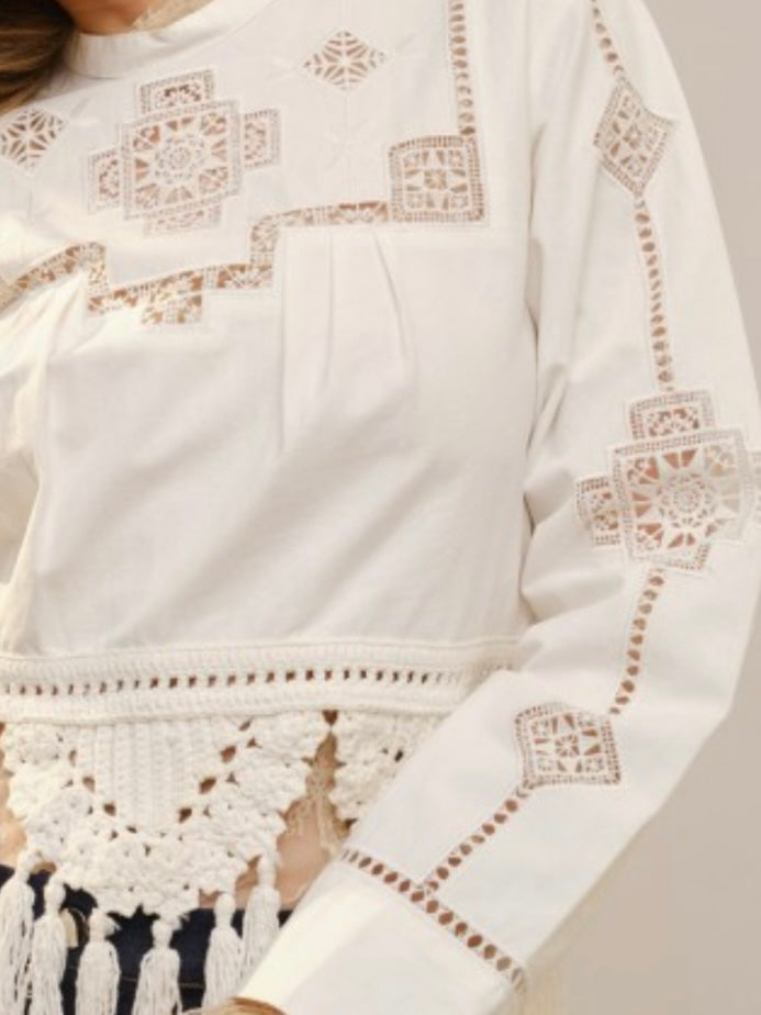 Off white crochet floral lace mix fabrics top