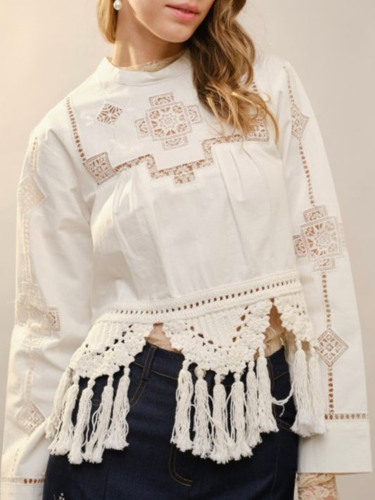 Off white crochet floral lace mix fabrics top