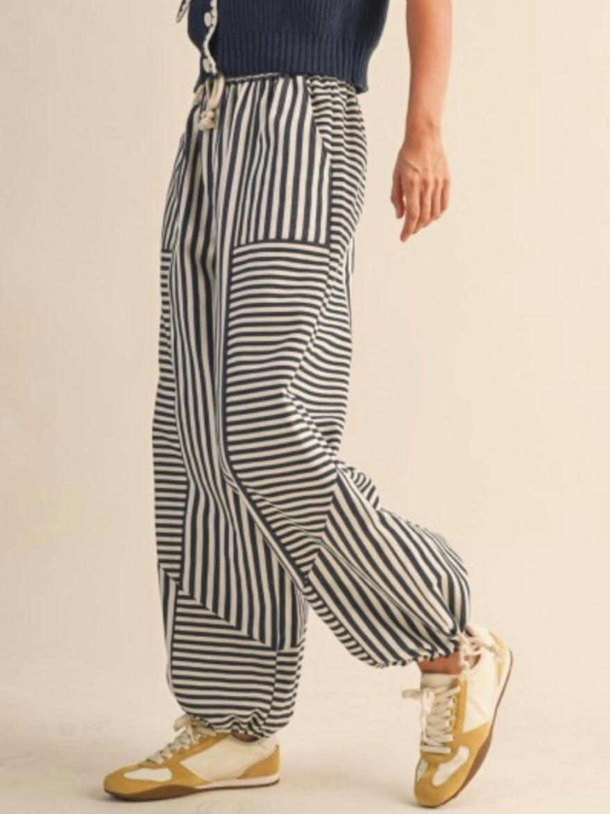 White and blue striped print parachute joggers pants