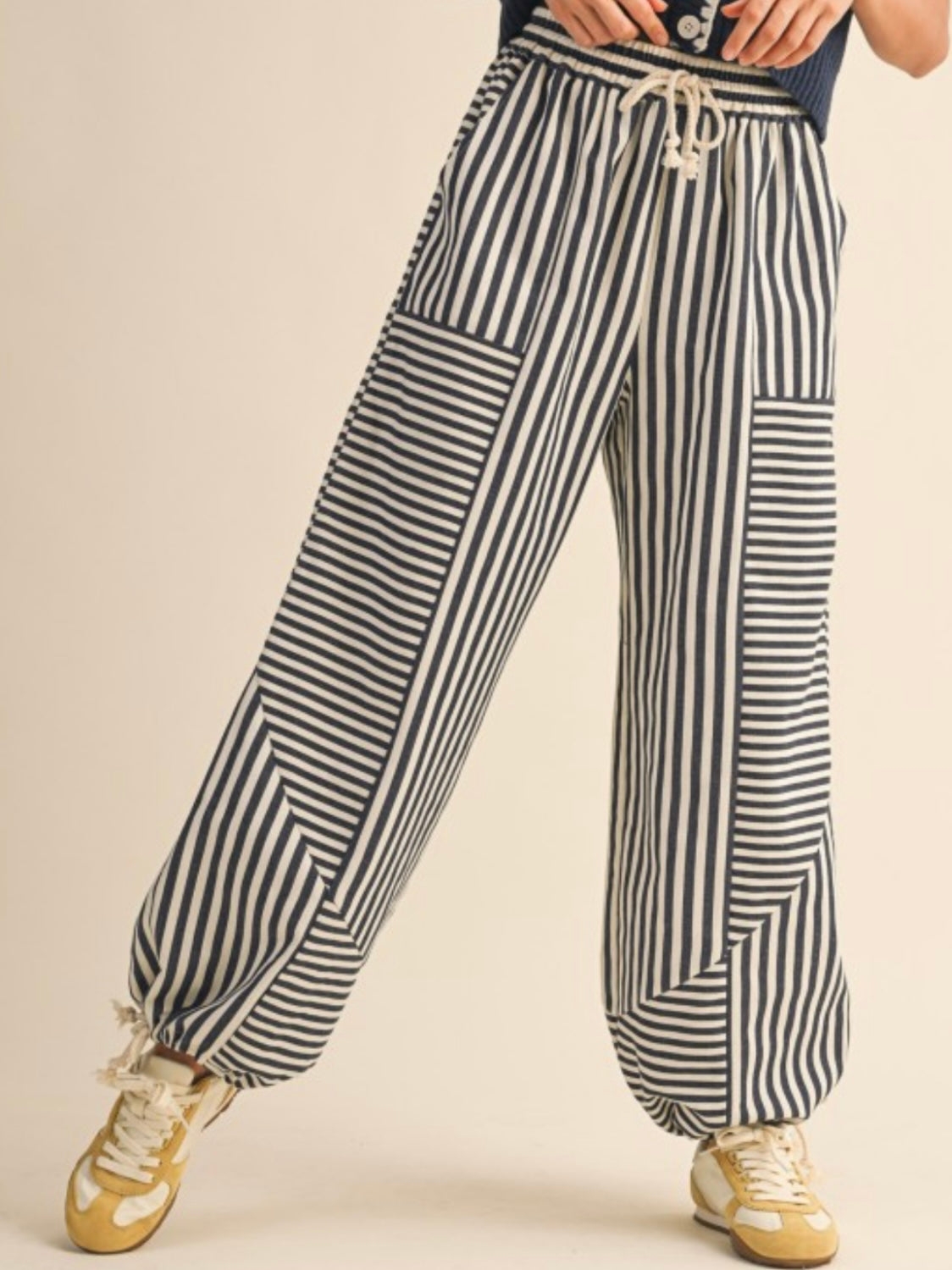 White and blue striped print parachute joggers pants