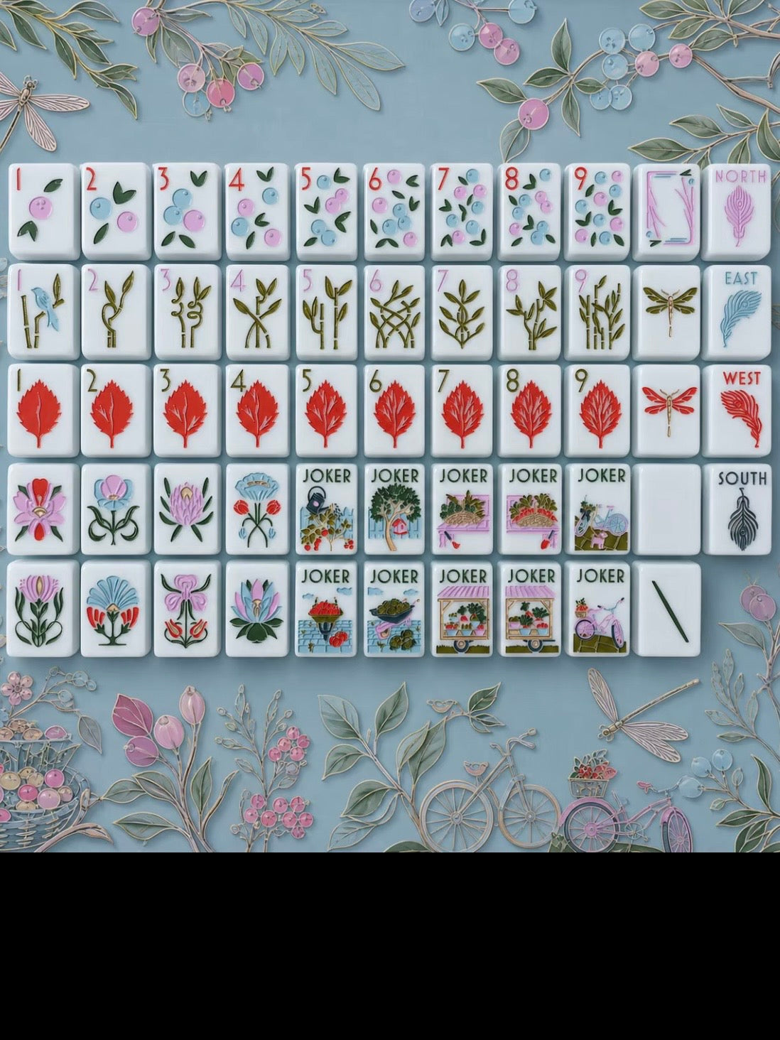 White and green, leaves and plants Mahjong tiles set